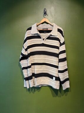 Native Youth Striped Knit Polo Sweater in Cream and Black
